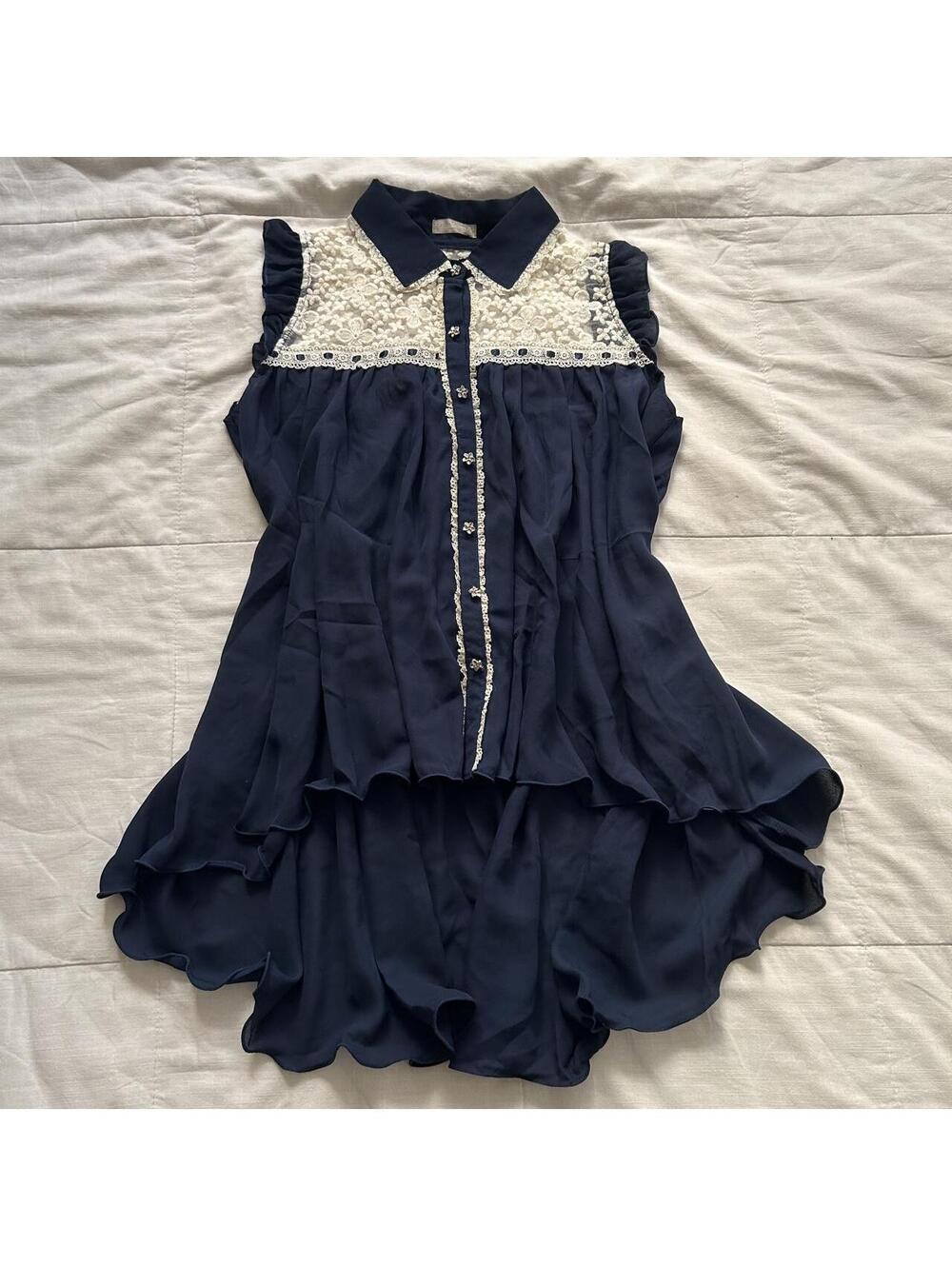 Axes Femme Navy Floral Lace Ruffle Hi-Lo Hem Tunic M Japan